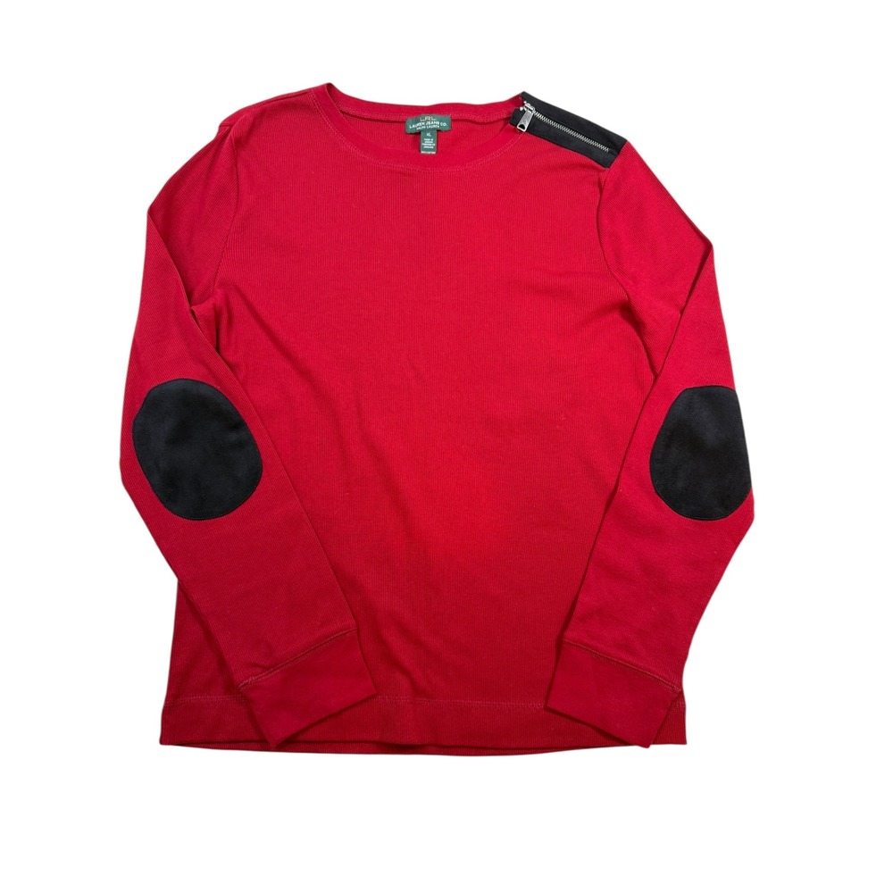 Lauren Ralph Lauren Red Ribbed Crewneck Sweatshirt Suede Elbow‎ Patches Zipper